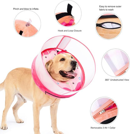 Inflatable Dog Cone Collar for Large Medium Small Dogs, Soft Dog Donut Collar Adjustable Recovery Cone for Pets After Surgery, Extra Enhanced Anti-Licking Guard Shield (Pink Donut, Large)