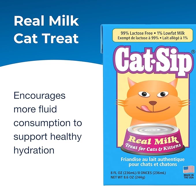 PetAg Cat-Sip Real Milk Treat - 8 oz, 8 Pack - Ready-to-Feed Snack for Cats & Kittens - Easy to Digest with 99% Lactose-Free, Low-Fat Grade A Milk - Encourages Hydration - Promotes Eye & Heart Health