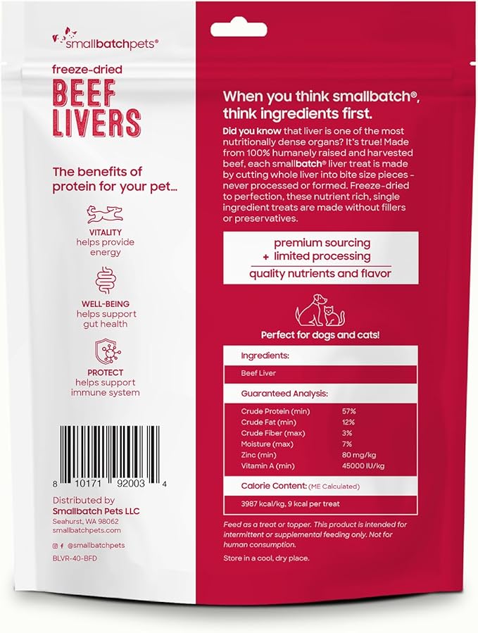 smallbatch Freeze Dried Dog Treats, Beef Liver Treats for Dogs & Cats, High Protein, Single Ingredient Dog Treat for Training or Food Topper, Natural, Humanely Sourced Meat, Made in the USA, 4 oz