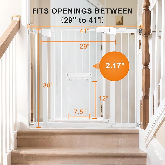 FURTIME 29"-41" Baby Gate with Cat Door Adjustable, Auto Close Dog Gate for Stairs,Doorways and House, Metal Pet Door Pressure Mounted,Easy Install, Effortless Walk Thru, White