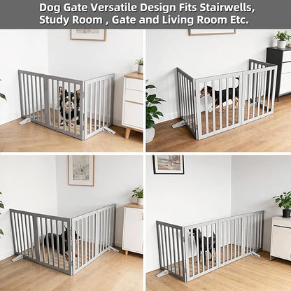 Dog Gate Indoor, Freestanding Dog Fence for The House, Doorways, Hallways,or Stairs,Pet Gate Foldable Wooden,Expandable 24" Height 3 Panels,Grey