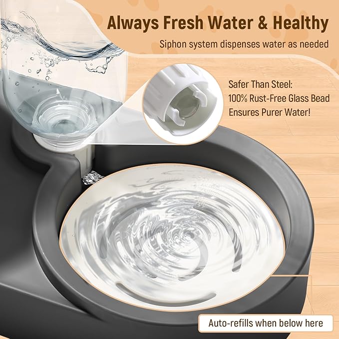 Marchul 2-in-1 Dog Bowl, Elevated Cat Food and Water Bowl with No-Spill Mat, 15° Tilt Stainless Steel Dish + 500ml Leak-Proof Bottle, Easy Clean Design (Dry/Wet Food & Water)