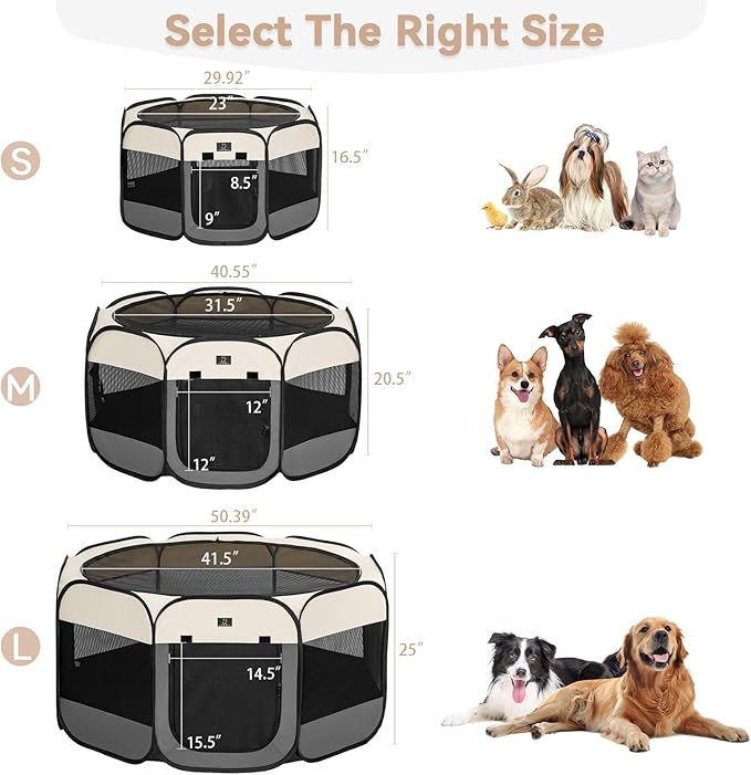 Dog Playpen for Small Dogs & Puppies, 50.39" Portable Indoor Outdoor Puppy Playpen with Bowl, Waterproof Floor, Foldable Pop-Up Pet Pen for Home, Travel & Daily Use, Grey+Beige
