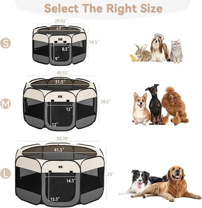 Dog Playpen for Small Dogs & Puppies, 40.55" Portable Indoor Outdoor Puppy Playpen with Bowl, Waterproof Floor, Foldable Pop-Up Pet Pen for Home, Travel & Daily Use, Grey+Beige