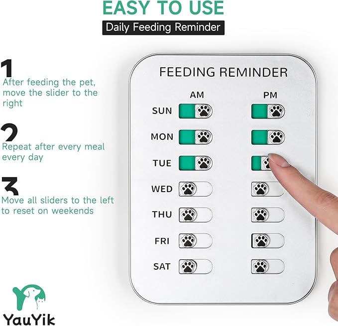YAUYIK Dog Feeding Reminder, Magnetic OR Double Sided Adhesive Application, AM/PM Daily Chart Signs, Helps You Track Pets Feeding & Medication, Easy to Use on Fridge, Wall, Food Storage Bin (Silver)