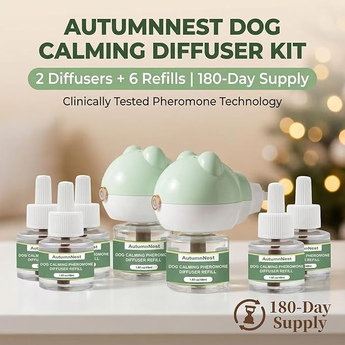 Calming Diffuser for Dog, Pheromone Plug-in Set (2 Diffusers & 6 Refill 48ml) for Dog Anxiety Relief, Reduces Barking, Aggression, Destructive Behavior, Fireworks Fear, 180-Day Dogs Calming Diffuser