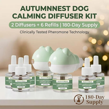 Calming Diffuser for Dog, Pheromone Plug-in Set (2 Diffusers & 6 Refill 48ml) for Dog Anxiety Relief, Reduces Barking, Aggression, Destructive Behavior, Fireworks Fear, 180-Day Dogs Calming Diffuser
