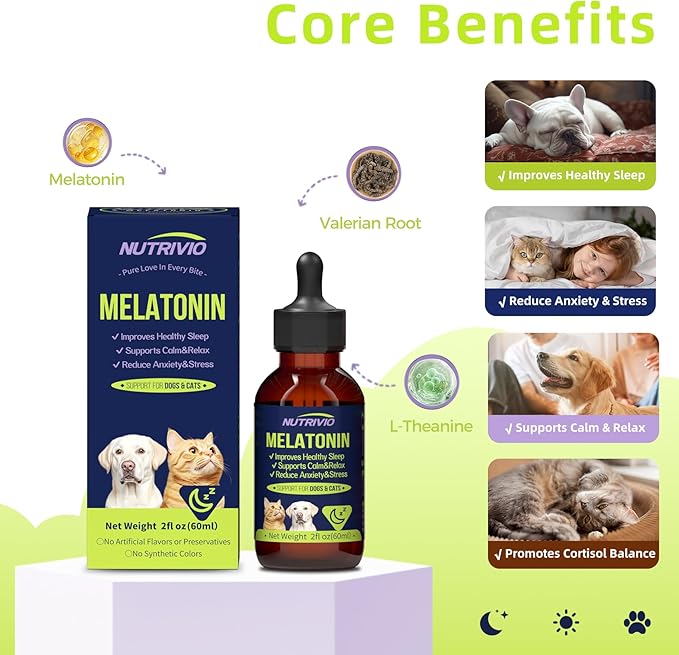 Liquid Melatonin for Dogs and Cats, Cat Melatonin, Dog Sleep Aid, Dog Anxiety Relief, Calming Behavior in Pets, Helps Restful Sleep, Small & Large Dogs, Bacon Flavor (60ml)