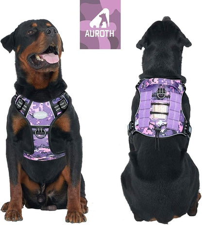 AUROTH Tactical Dog Harness for Large Dogs No Pull Adjustable Pet Harness Reflective Working Training Easy Control Pet Vest Military Service Dog Harnesses Purple Camo XXL