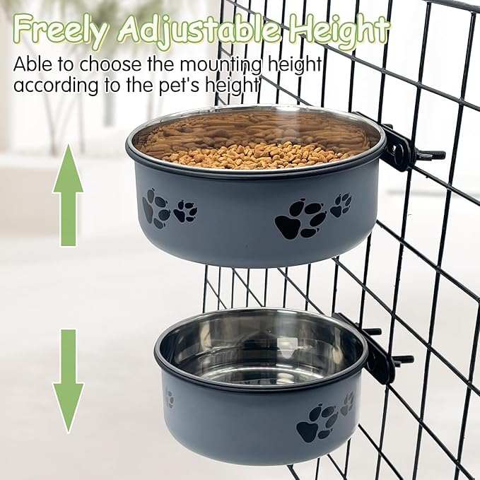 Kathson 2 Pcs Dog Kennel Crate Feeder, Stainless Steel No Spill, Hanging Metal Pet Food Bowl for Cats Small Medium Dogs (Gray)