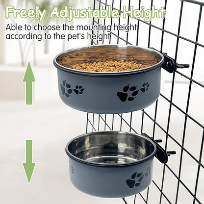 Kathson 2 Pcs Dog Kennel Crate Feeder, Stainless Steel No Spill, Hanging Metal Pet Food Bowl for Cats Small Medium Dogs (Gray)