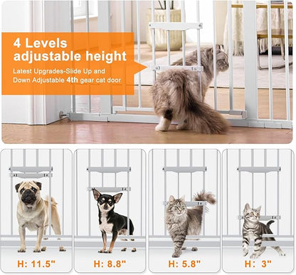 FURTIME 29"-41" Baby Gate with Cat Door Adjustable, Auto Close Dog Gate for Stairs,Doorways and House, Metal Pet Door Pressure Mounted,Easy Install, Effortless Walk Thru, White