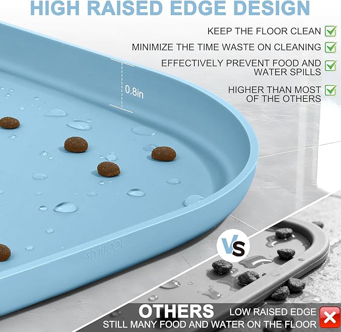 Smilool Silicone Pet Food Mat with Raised Edge for Food and Water Bowl, Dog Feeding Mats, Cat Food Trays for Floor Waterproof, Rubber Tray for Dogs and Cats, 22 x 14 x 0.8 Light Blue