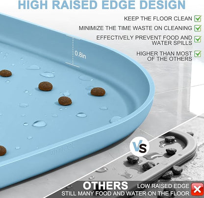 Smilool Silicone Pet Food Mat with Raised Edge for Food and Water Bowl, Dog Feeding Mats, Cat Food Trays for Floor Waterproof, Rubber Tray for Dogs and Cats, 22 x 14 x 0.8 Light Blue