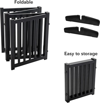 LZRS Freestanding Extra Wide Dog Gate 30 inch Tall - 4 Panels Solid Wooden Pet Gate for Doorways, Stairs, Hallways,Kitchens& Long Areas, Expandable & Foldable with Support Feet,Indoor Use,Black