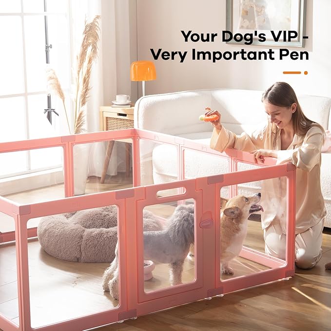 Clear Acrylic Dog Playpen Indoor, Puppy Cat Small Pet Play Pen, Pet Cat Playpen for Rabbits, Dog Fence Crate Kennel Whelping Cage (Pink, 10 Panel)