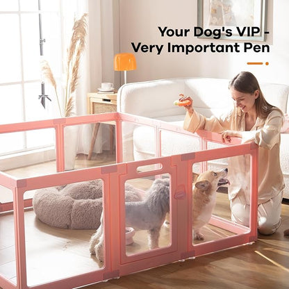 Clear Acrylic Dog Playpen Indoor, Puppy Cat Small Pet Play Pen, Pet Cat Playpen for Rabbits, Dog Fence Crate Kennel Whelping Cage (Pink, 10 Panel)