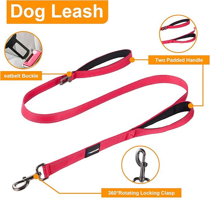 Annchwool Adjustable Dog Collar and 5FT Leash Set with Heavy Duty Metal Buckle–Comfortable Lining Reflective Collar & Dual-Handles for Small,Medium Large Dogs Walking,Running(Red Set,S:13''-17'')