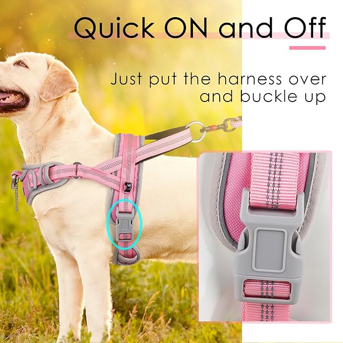 ADVENTUREMORE Medium Dog Harness - No Pull, Adjustable Reflective Vest with Front Clip Handle for Training & Walking - M Pink