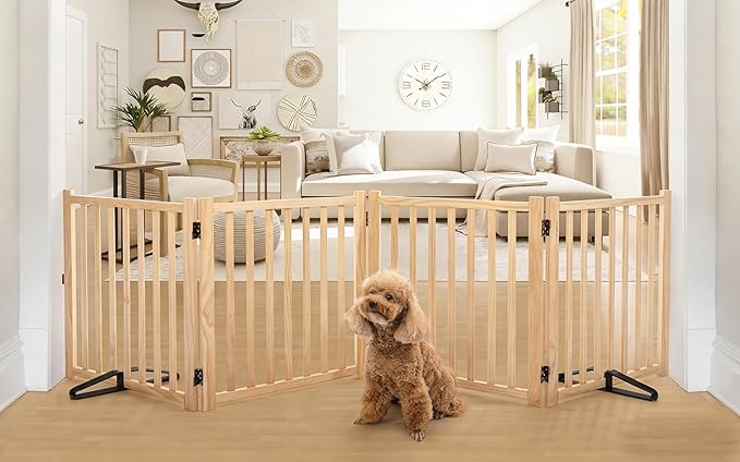 YOCAN Paint-Free Wooden Freestanding Dog Gates for The House,Doorways, Stairs,Wood Dog Fences Indoor Pet Gate,Step Over Fence-4 Panel H:23”