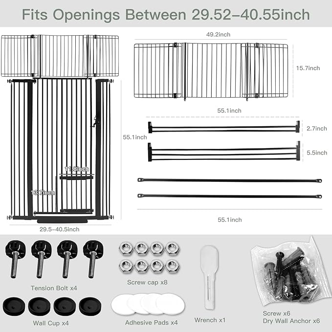 SHYUJAJIE 71 Inch Extra Tall Pet Gate with Small Cat Door, 29.55"-40.55" Adjustable Wide Dog Gate, Tall Cats Gates for Doorway, Stairs, House(Black)