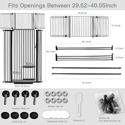 SHYUJAJIE 71 Inch Extra Tall Pet Gate with Small Cat Door, 29.55"-40.55" Adjustable Wide Dog Gate, Tall Cats Gates for Doorway, Stairs, House(Black)