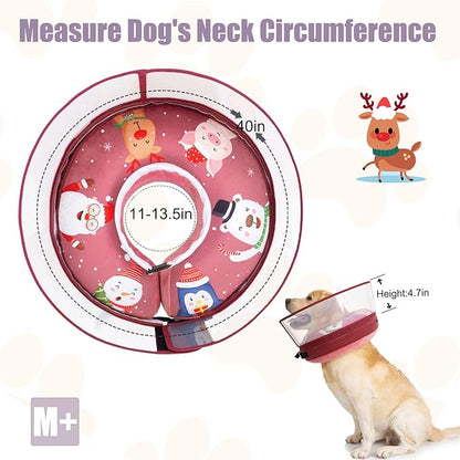 Soft Cone Collar With Guard Shield for Dogs - Inflatable Surgery Recovery Donut, Prevents Licking Wounds and Stitches, Does Not Block View (Xmas Elf, Medium+)