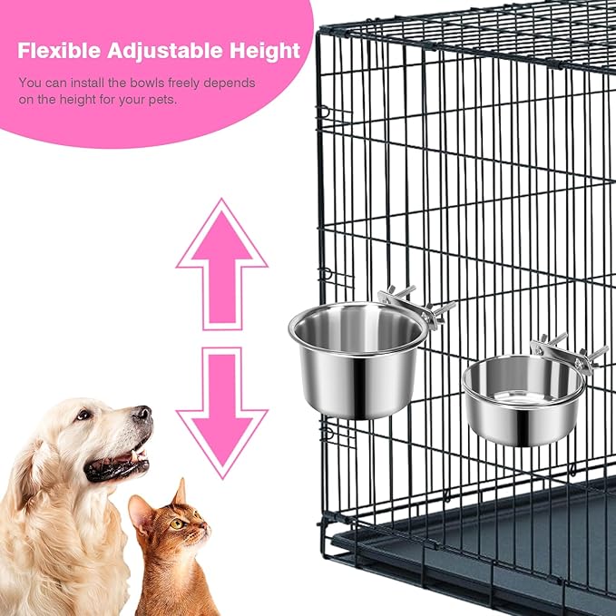 2 Pcs Small Pet Dog Food Water Bowl for Cage Stainless Steel Non-Spill Kennel Hanging Cats Pets Bowls with Clamp Holder Crate Feeder Dish for Small Dogs Pets (5.1x2.9'' & 4.7x1.9'')