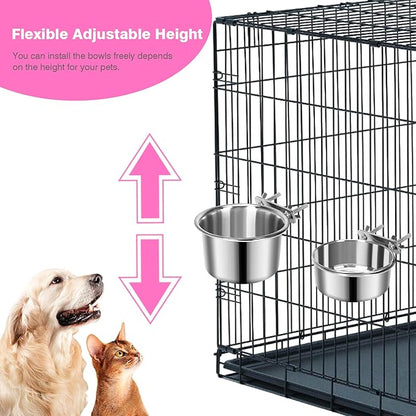 2 Pcs Small Pet Dog Food Water Bowl for Cage Stainless Steel Non-Spill Kennel Hanging Cats Pets Bowls with Clamp Holder Crate Feeder Dish for Small Dogs Pets (5.1x2.9'' & 4.7x1.9'')