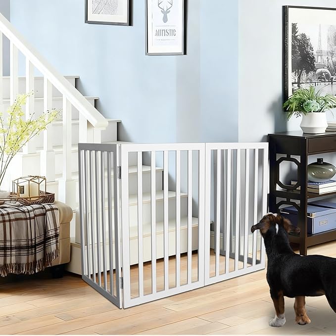 ZJSF Freestanding Indoor Dog Gate for House Foldable Wood White Puppy Gate for Doorways Pet Gate for Stairs Extra Wide Pet Fence 24" Height 6 Panels
