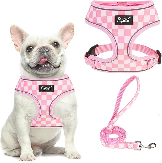 PUPTECK Soft Mesh Dog Harness and Leash Set Pet Puppy Cat Comfort Padded Vest No Pull Harnesses, Checkered Pink&White, L