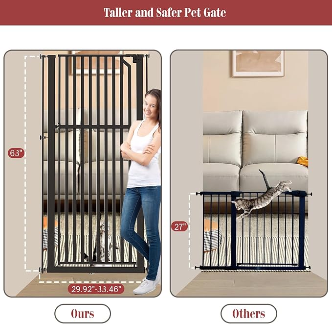 Glaf Extra Tall Pet Gate 63" Pressure Mounted Cat Door Safety Metal Cat Gate Adjustable Width Dog Door Auto-Close Dog Gate for Doorways, Stairs, Kitchen, Hallway (Black, 29.92-33.46")