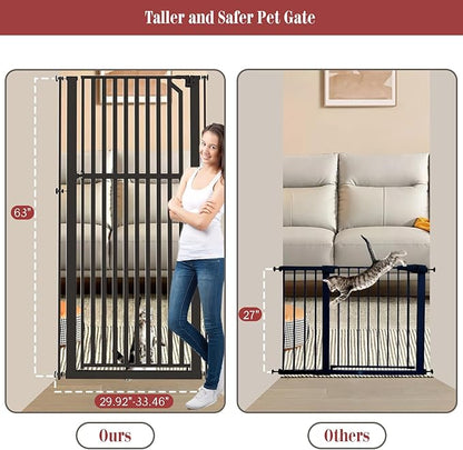 Glaf Extra Tall Pet Gate 63" Pressure Mounted Cat Door Safety Metal Cat Gate Adjustable Width Dog Door Auto-Close Dog Gate for Doorways, Stairs, Kitchen, Hallway (Black, 29.92-33.46")