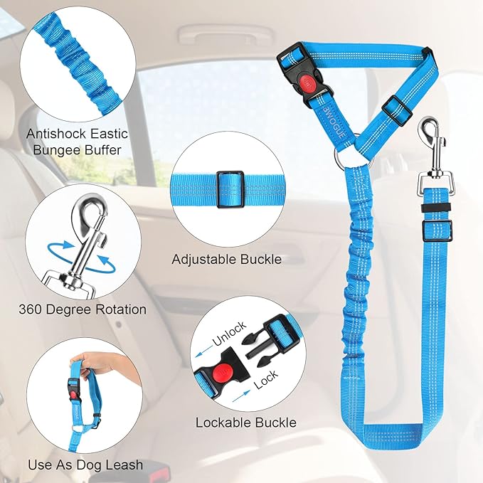 BWOGUE Pet Dog Cat Seat Belts, Car Headrest Restraint Adjustable Safety Leads Vehicle Seatbelt Harness (1 Pack, Blue, Elastic)