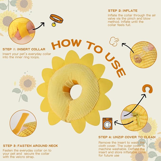 IEUUMLER Inflatable Recovery Dog Collar, Protective Donut Cone, Adjustable Soft Collar for Dog and Cat After Surgery Prevent from Biting & Scratching EU002 - Sunflower M