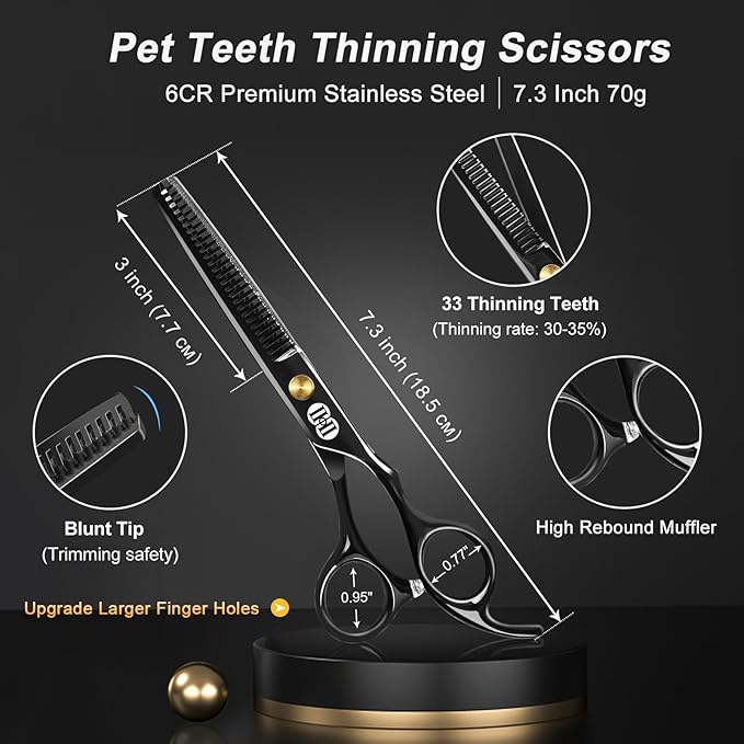 CIICII Dog Grooming Scissors Kit, 7 Inch Professional Pet Grooming Scissors Set with Safety Round Tip (Dogs/Cat Hair Cutting Trimming Thinning Shears with Curved Scissors) for DIY Home Salon (Black)