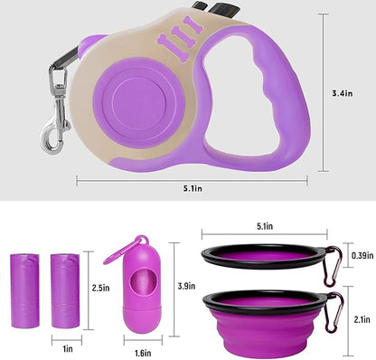 Retractable Dog Leash Automatic Telescopic Tractor Dog Tape, Pet Tape 10/16 FT Durable and Convenient, with Folding Bowl, Dispenser, Rubbish Bags, Suitable for Small and Medium Dogs