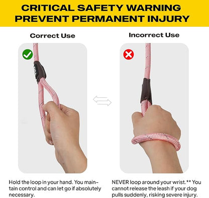 Fida Durable Slip Leads for Dogs, 6 FT x 1/2" Heavy Duty Dog Loop Leashes, Comfortable Strong Rope Slip Leash for Small Dogs and Puppies, No Pull Pet Training Lead with Highly Reflective(1/2", Pink)