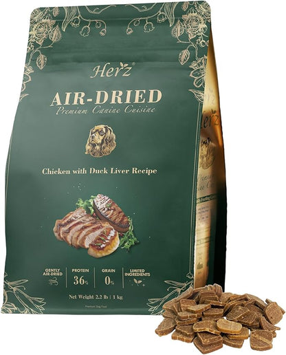 Herz Air-Dried Dog Food Chicken & Duck Liver Recipe 2.2 lb, All-Natural, High-Protein, Grain-Free, Limited Ingredients, Complete & Balanced, Premium Canine Cuisine