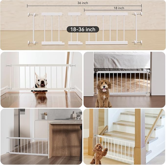 Short Dog Gate Indoor - MOOECKOM 10" Tall Small Dog Gate 18"-36'' Width Expandable, Easily Step Over Pet Gate with 2 Extension Kits - Pressure Mounted for Doorways Stairs.
