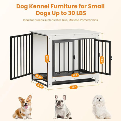 Derfullo Dog Crate Furniture, 29 Inch Indoor Dog Kennel for Small Dogs Up to 30 LBS, Heavy Duty Wooden Pet Cage End Table with 3 Doors, Alloy Steel Frame & Removable Tray