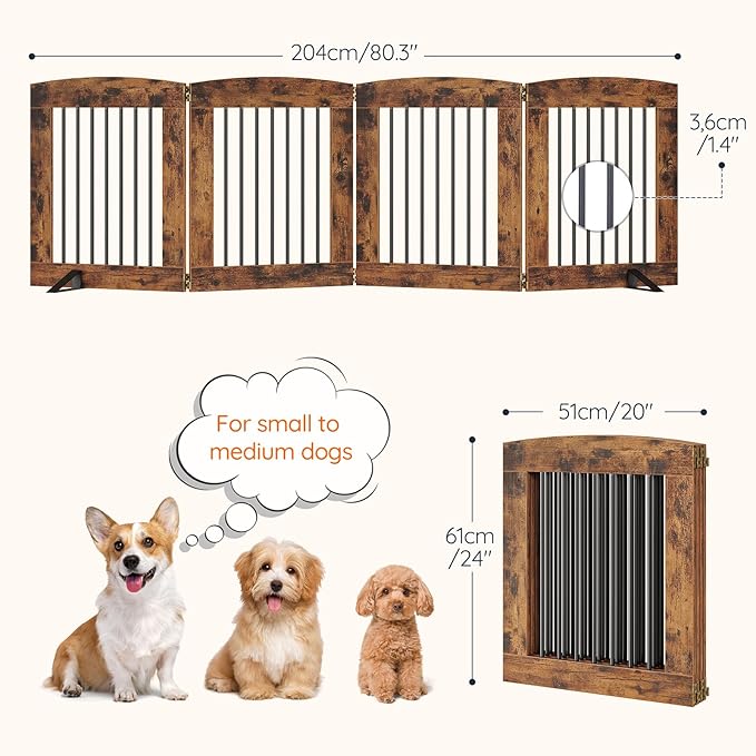 HOOBRO Indoor Dog Gate with Support Feet, 24 Inch 4 Panels, Freestanding Pet Gate for Doorway, Stairs, Folding Dog Fence, 360° Hinge for Easy Access, Sturdy Iron Pipe, Rustic Brown BF54PP03