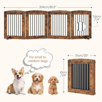 HOOBRO Indoor Dog Gate with Support Feet, 24 Inch 4 Panels, Freestanding Pet Gate for Doorway, Stairs, Folding Dog Fence, 360° Hinge for Easy Access, Sturdy Iron Pipe, Rustic Brown BF54PP03