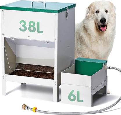 38L Automatic Dog Feeder and 6L Water Bowl Dispenser,Auto Dog Waterer Large Capacity Metal Gravity Dry Food Feeder with 3.94" Stand Outdoor Station for Large Breed Big Dogs Cat Pet