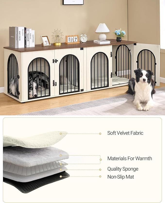 Hzuaneri 71" Dog Crate Furniture for 2 Dogs, Heavy Duty Indoor Dog Kennel TV Stand, XL Wooden Dog Cage with Divider for Medium Large Dogs, End Table Dog Crate with Cushion, White Brown DFC81914B