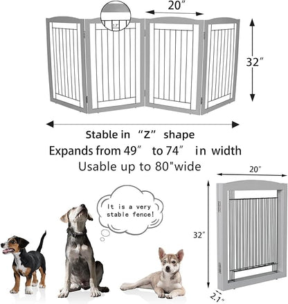 ZJSF Freestanding Foldable Dog Gate for House Extra Wide Wooden Grey Puppy Gate Stairs Dog Gates Doorways Tall Pet Gate 32" Height 4 Panels Pet Fence