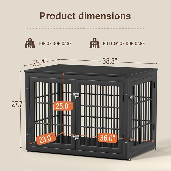 rehomerance 38 Inch Heavy Duty Dog Crate Furniture for Large and Medium Dogs, Decorative Pet House End Table, Wooden Cage Kennel Furniture Indoor, Black