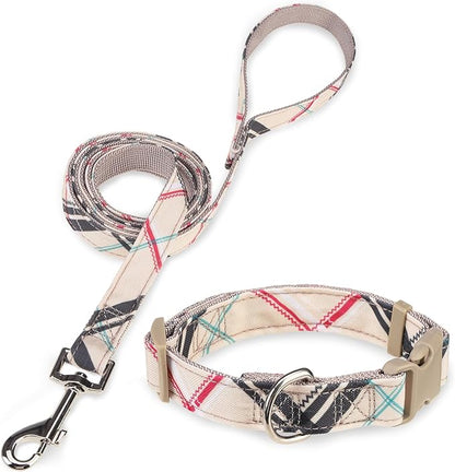 Dog Collar and Leash Set for Small Dogs, Adjustable Soft Puppy Collar with Quick Release Buckle, 5FT Heavy Duty Nylon Matching Leash for Boy Girl Chihuahua, Yorki, Bulldog, Beige XS
