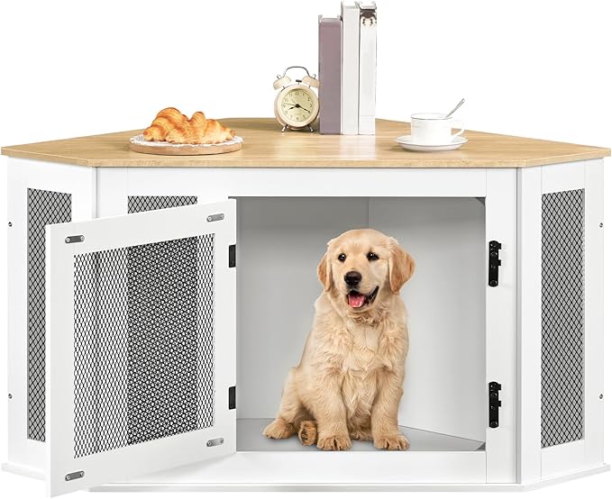 MAHANCRIS Corner Dog Crate Furniture, Wooden Dog Kennel End Table, Decorative Pet Crate Indoor Use, Furniture Style Dog House for Small Medium Dog, Dog Cage TV Stand, White and Natural DCBN0801