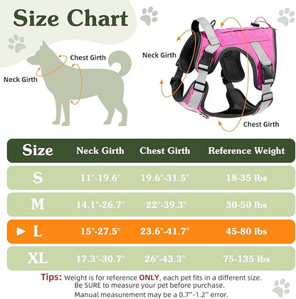 VavoPaw Heavy Duty Tactical Dog Harness for Large Dogs, No Pull Adjustable Pet Harness Reflective Service Training Easy Control Pet Vest Military K9 Working Dog Harnesses, Pink, L